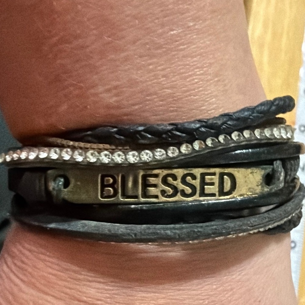 Blessed Multi-Strand Leather Rhinestone Wrap Bracelet Black Magnetic‎ Clasp Boho